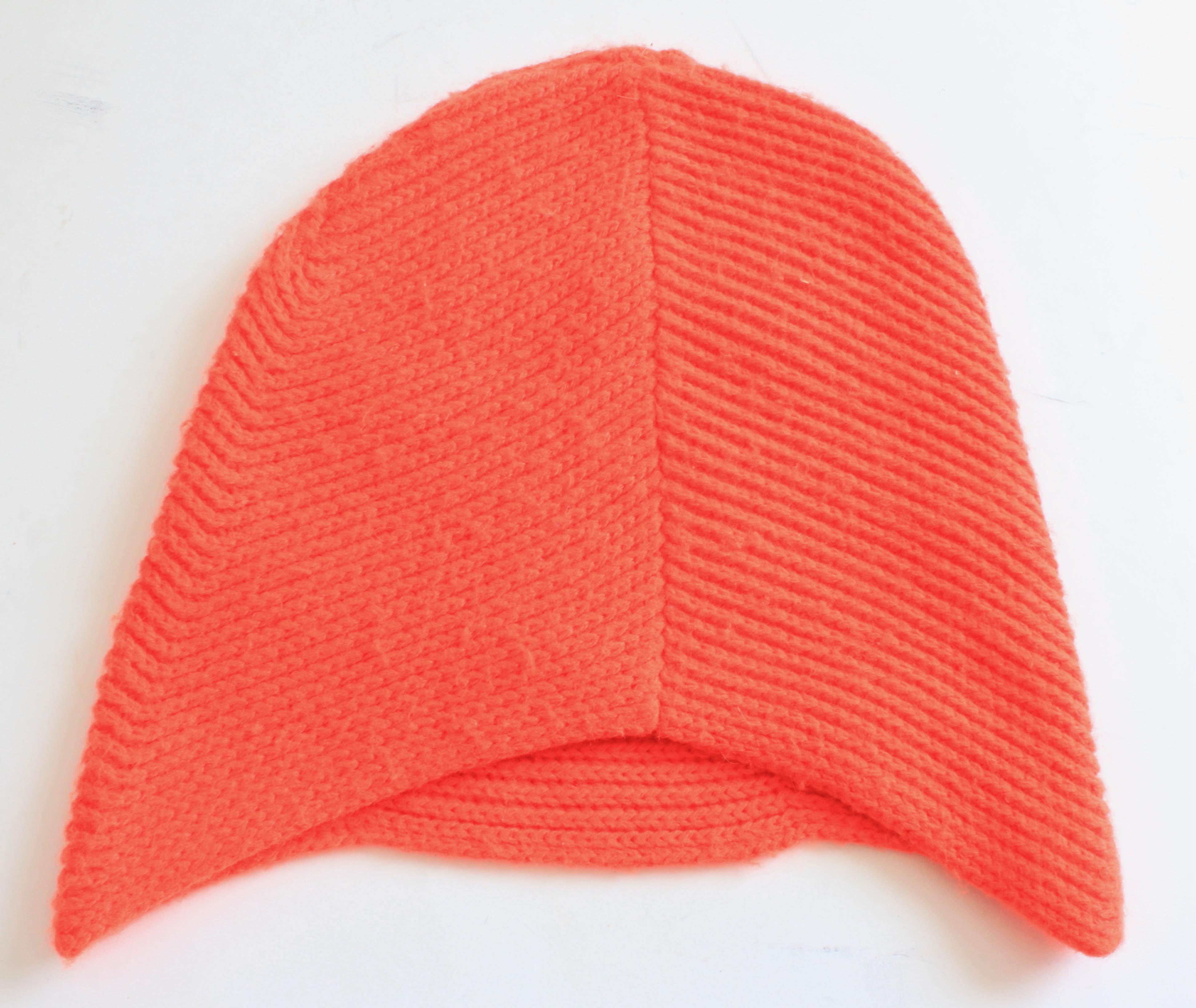 Bonnie Cashin Knit Cap Hat Mod High Top Ear Flap Beanie Orange Wool OSFM Vintage 5