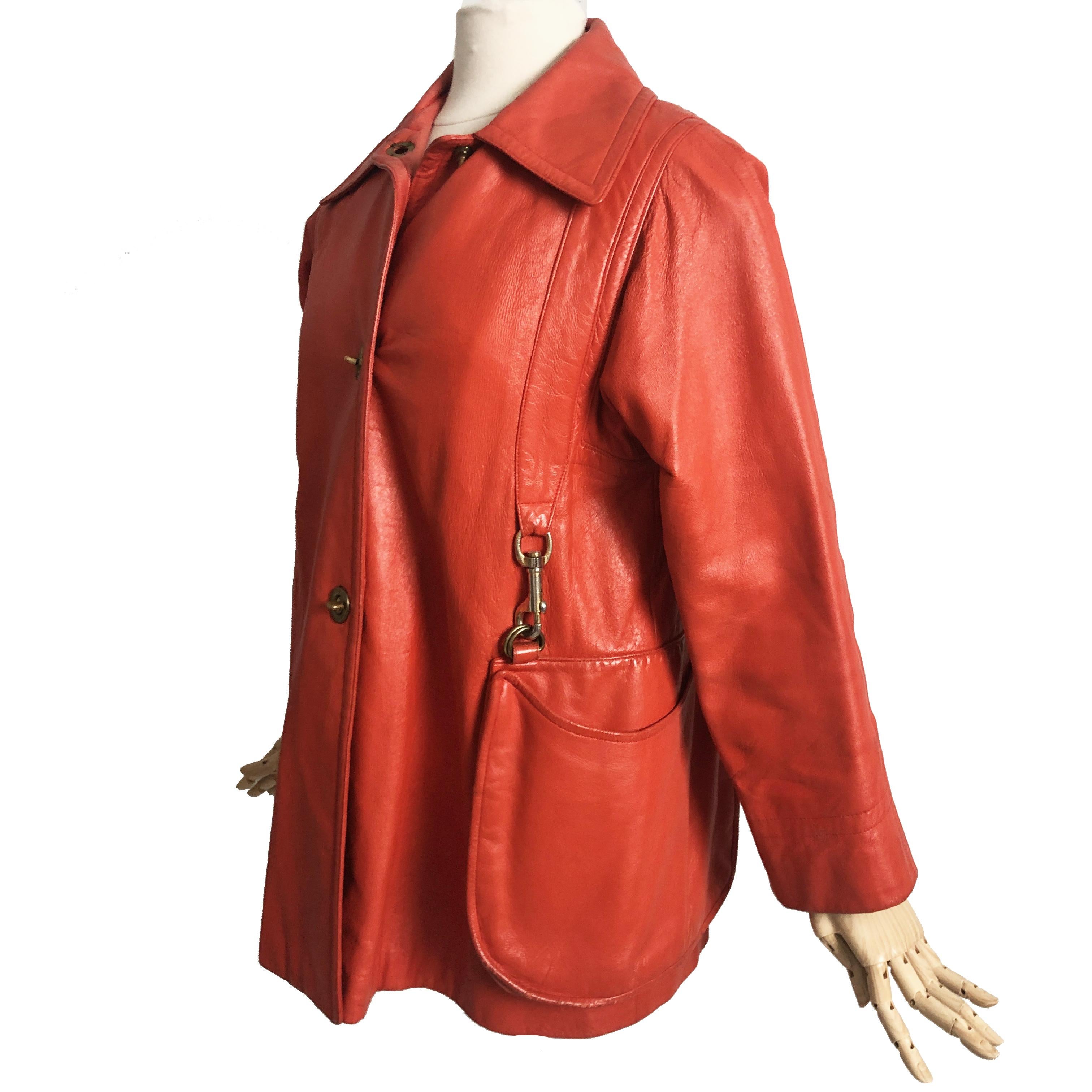 Red Bonnie Cashin Leather Jacket with Attached Hobo Bag Size S Mod Vintage 60s Rare 