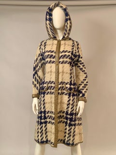 Vintage Bonnie Cashin Leather Trimmed Hand Woven Wool Coat with Hood