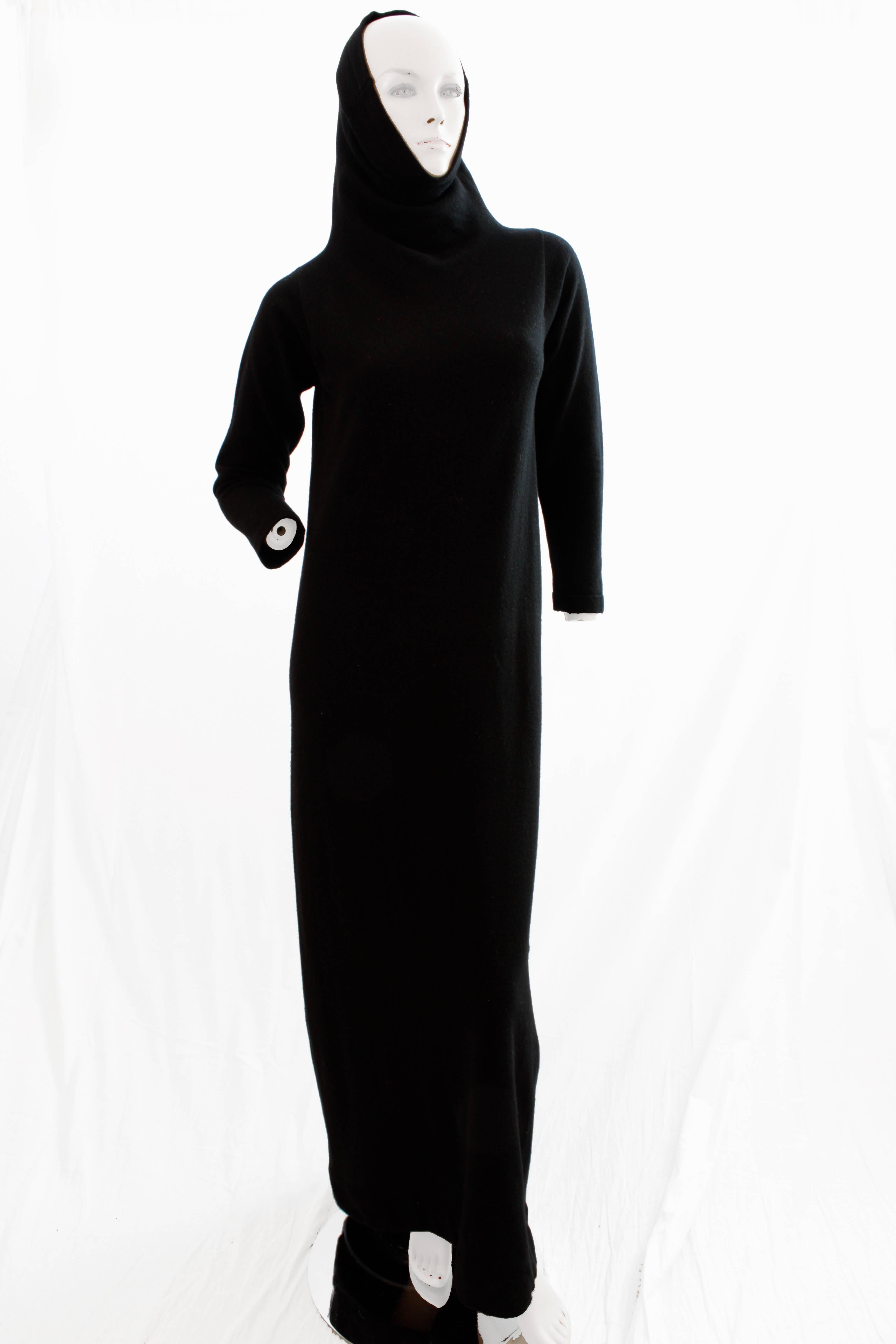 Black Bonnie Cashin Long Knit Dress With Madonna Hood Collar Long Wool Maxi 70s M