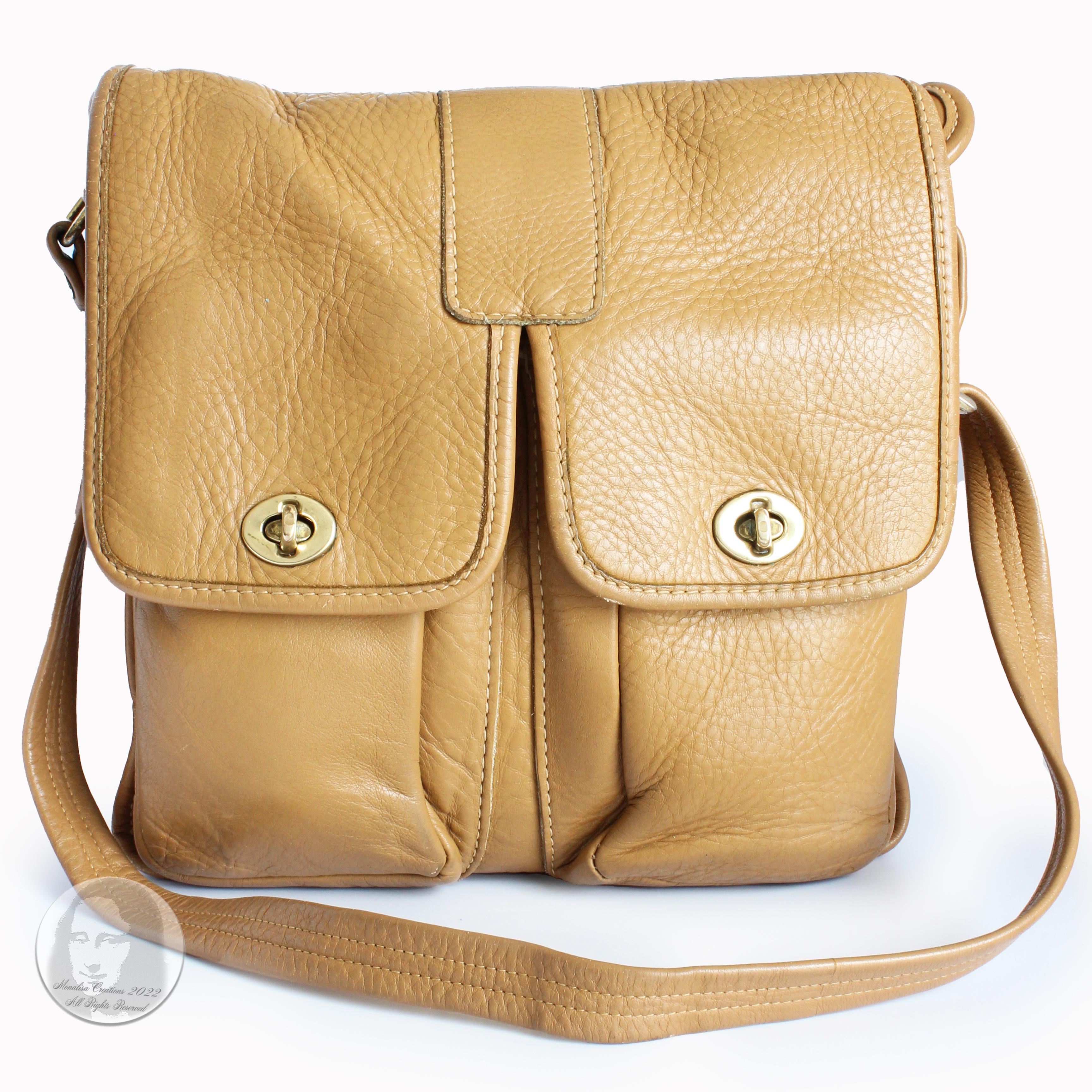 Preowned, vintage Bonnie Cashin for Meyers leather messenger bag, likely made in the mid 70s.  Made from caramel tan leather, it features an adjustable, non-removable strap and two turnlock pouches under the flap.  Interior is unlined with no