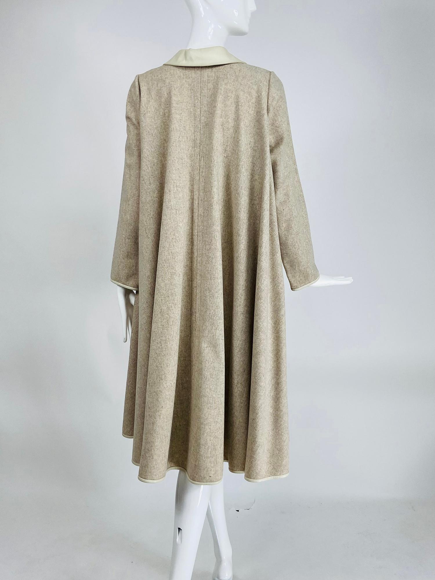 Gray Bonnie Cashin Oatmeal Double Faced Wool Bias Circle Leather Trimmed Coat 1970s For Sale