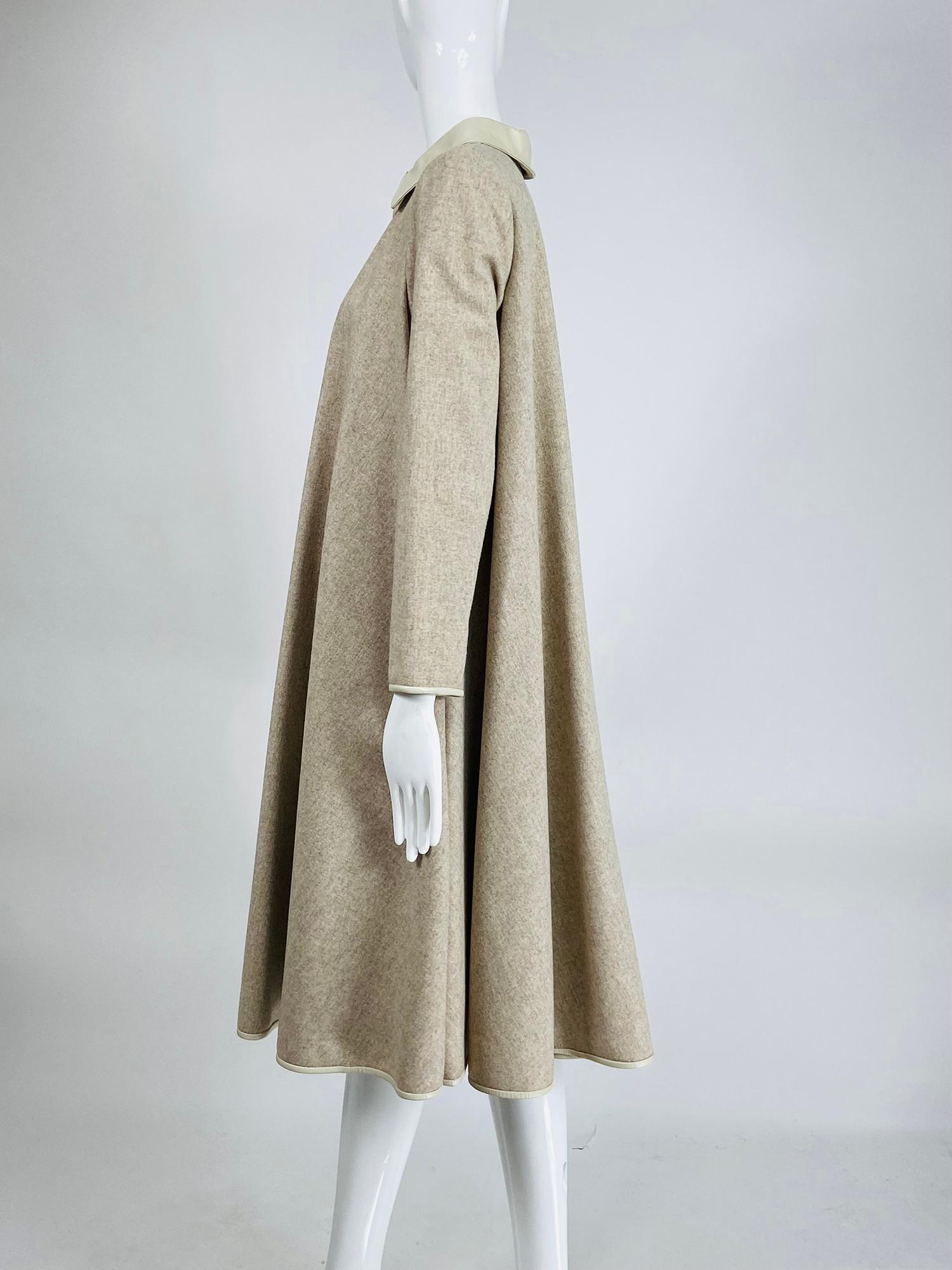Women's Bonnie Cashin Oatmeal Double Faced Wool Bias Circle Leather Trimmed Coat 1970s For Sale