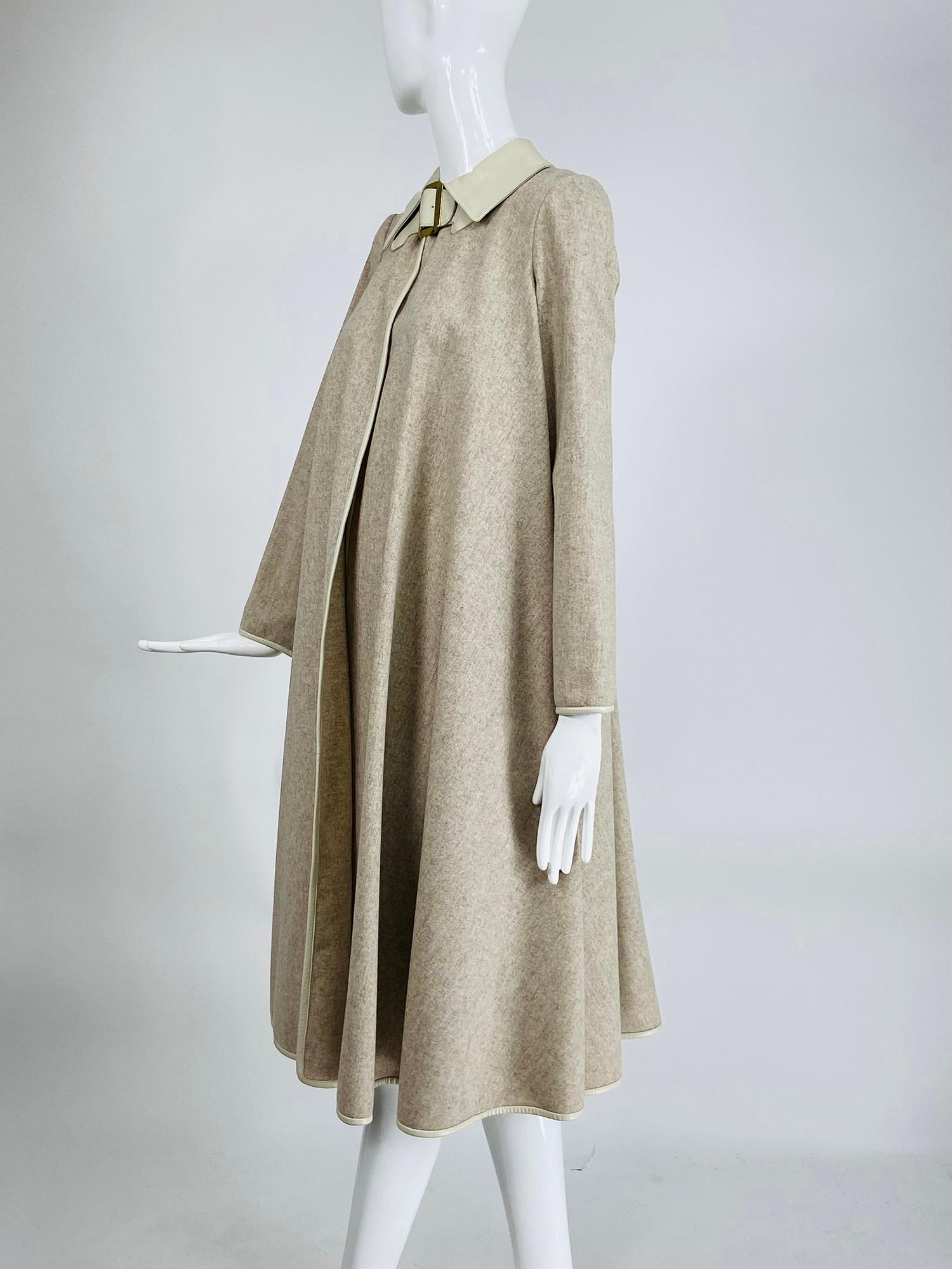 Bonnie Cashin Oatmeal Double Faced Wool Bias Circle Leather Trimmed Coat 1970s For Sale 1