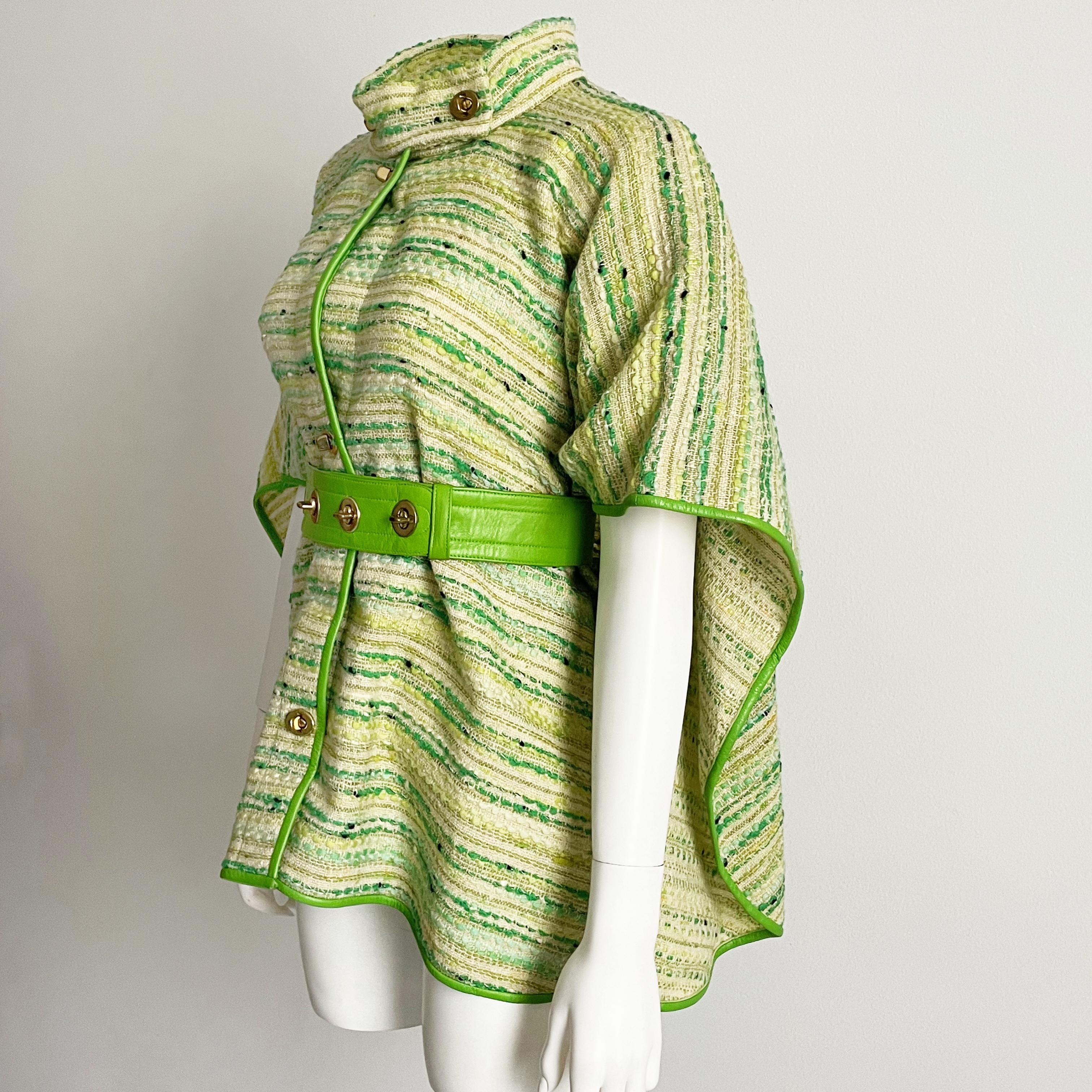 Bonnie Cashin Poncho Boucle Knit Cape with Lime Leather Turnlock Belt Vintage  For Sale 4