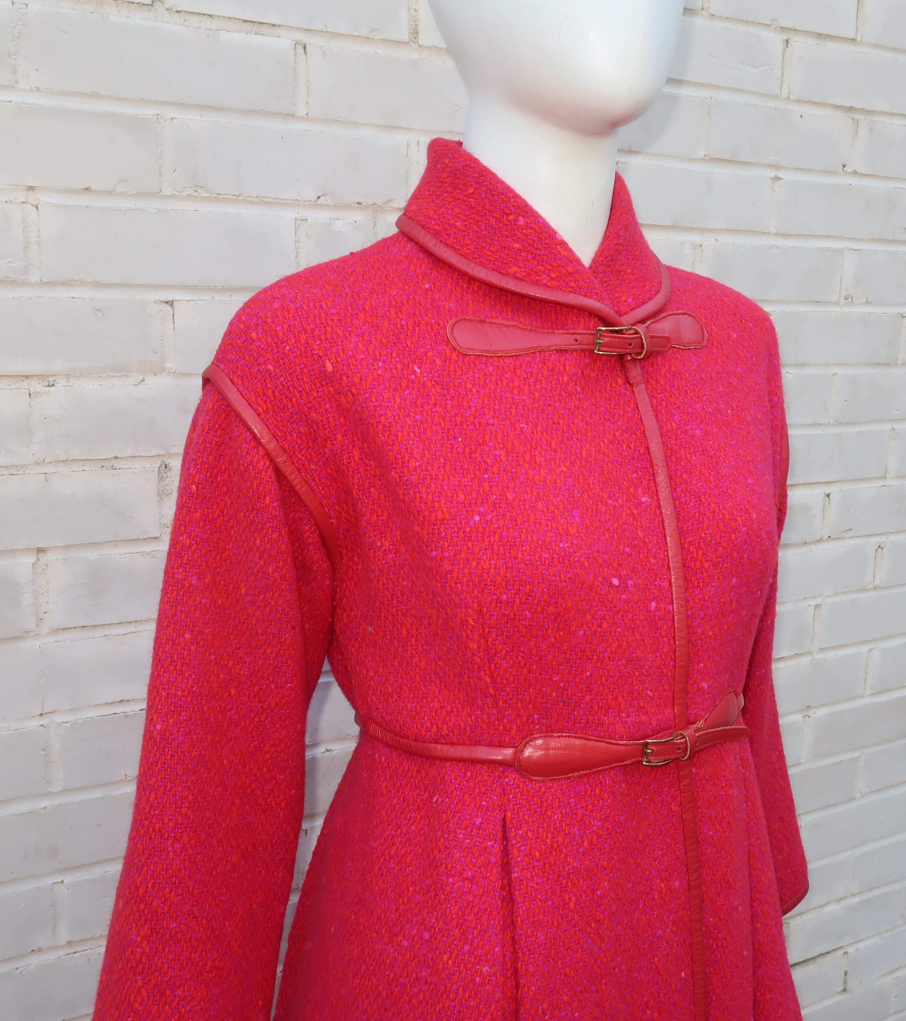 Bonnie Cashin Red & Purple Tweed Coat With Leather Trim, 1960's In Fair Condition In Atlanta, GA