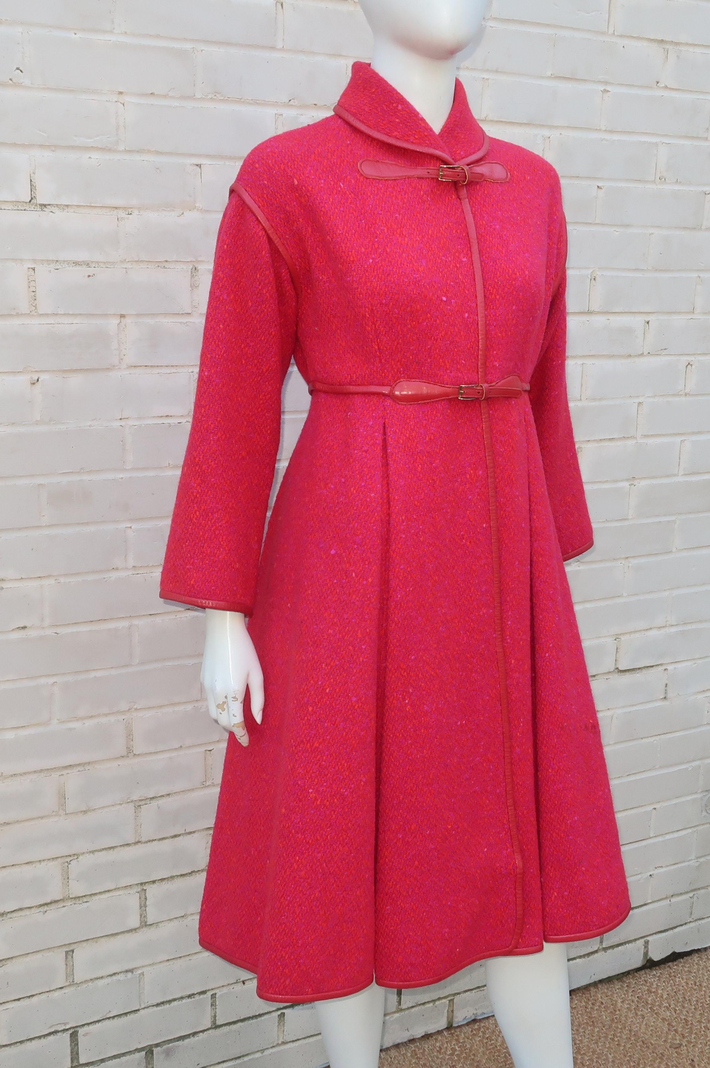 Women's Bonnie Cashin Red & Purple Tweed Coat With Leather Trim, 1960's