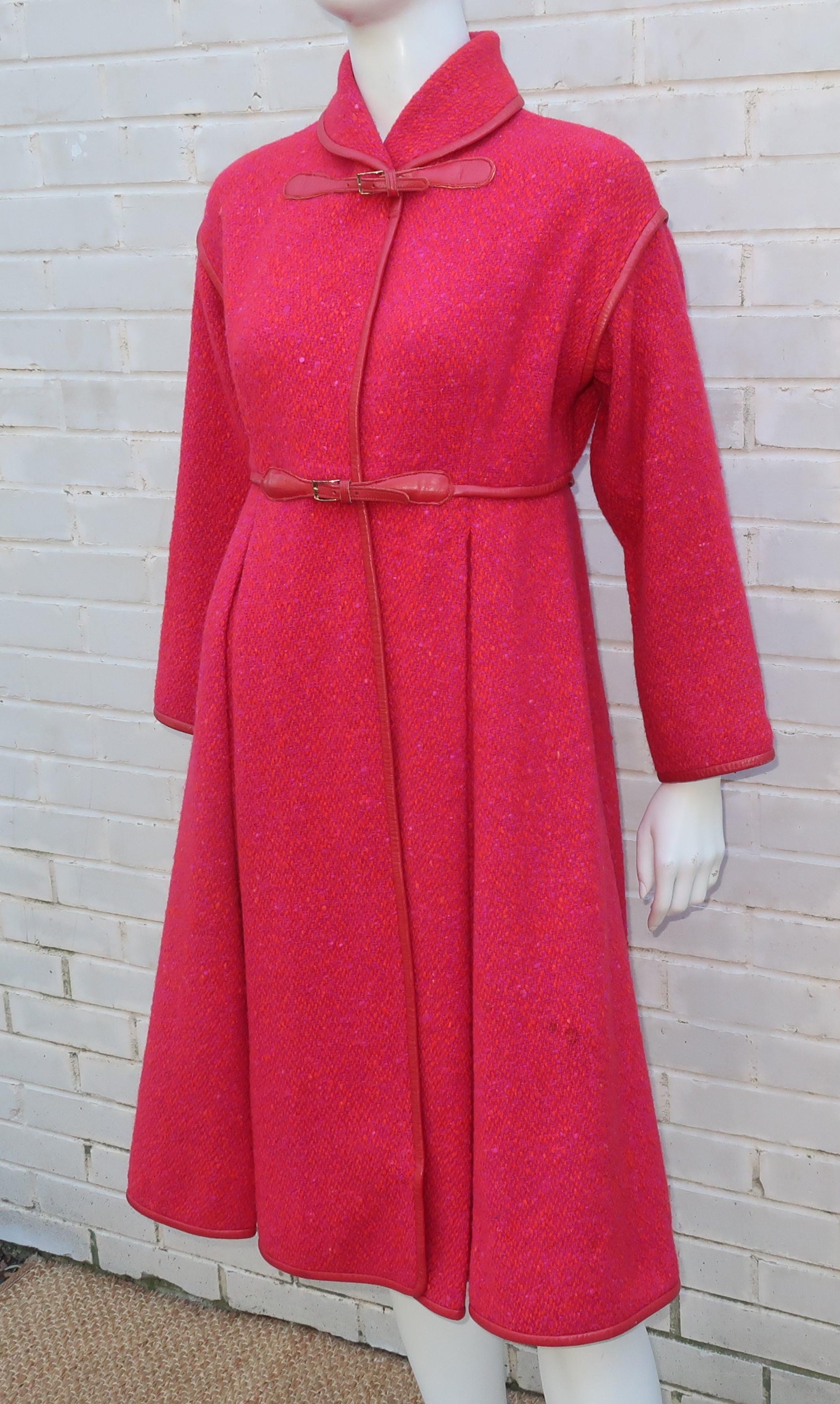 Bonnie Cashin Red & Purple Tweed Coat With Leather Trim, 1960's 1