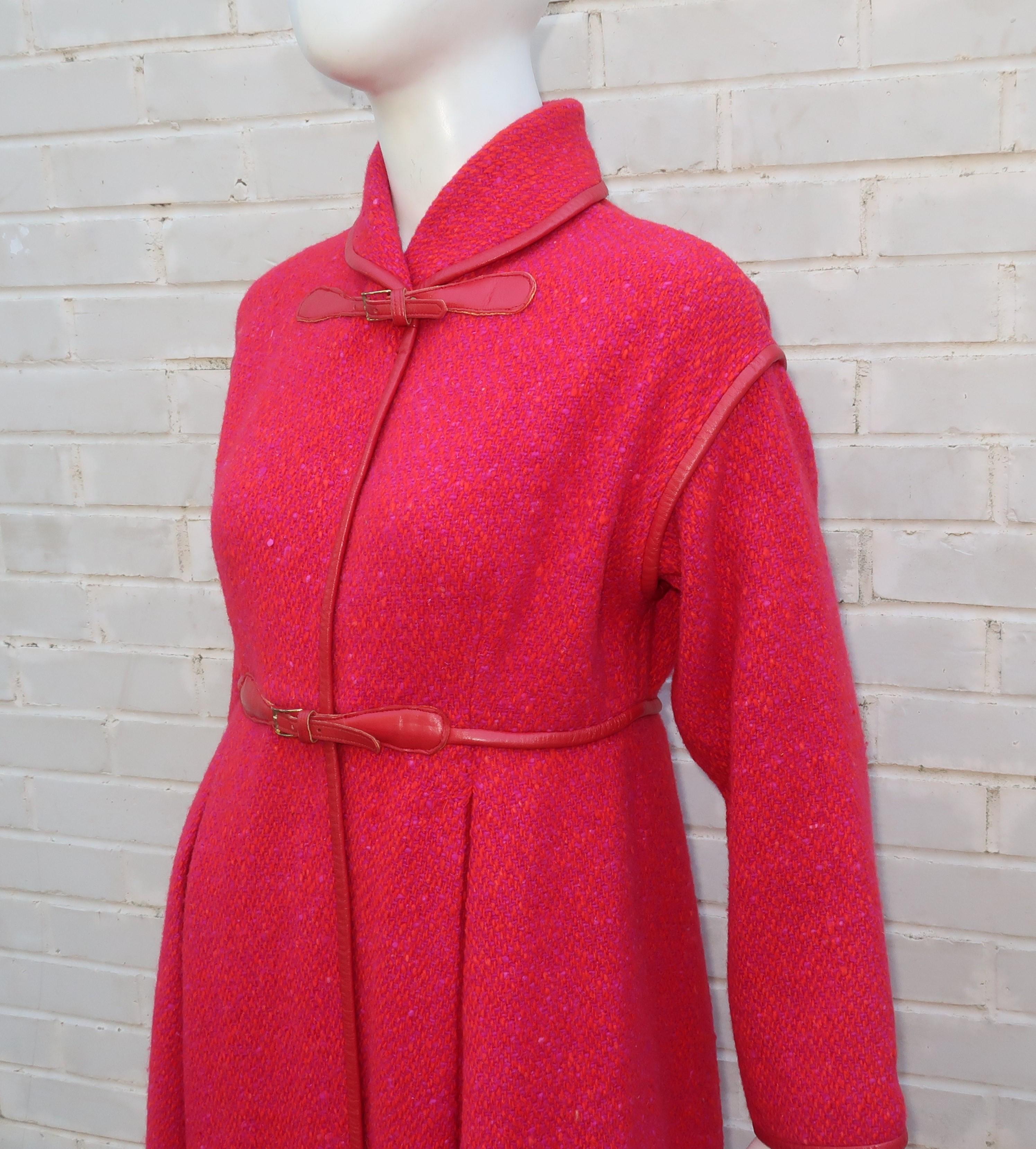 Bonnie Cashin Red & Purple Tweed Coat With Leather Trim, 1960's 4