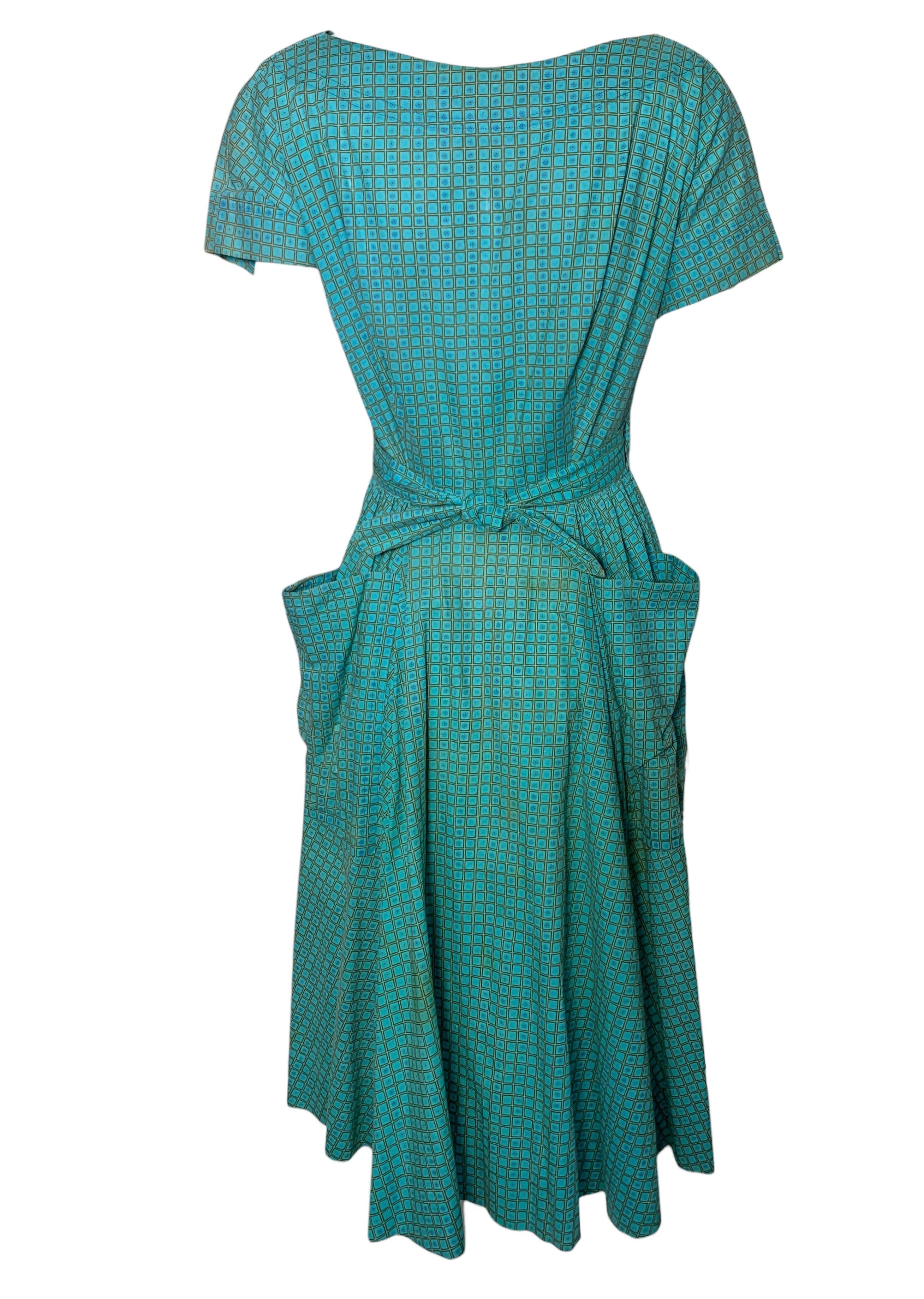 Bonnie Cashin Vestido azul turquesa con estampado floral de cuadrícula, años 40 Azul en venta
