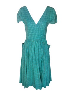 Bonnie Cashin Vestido azul turquesa con estampado floral de cuadrícula, años 40