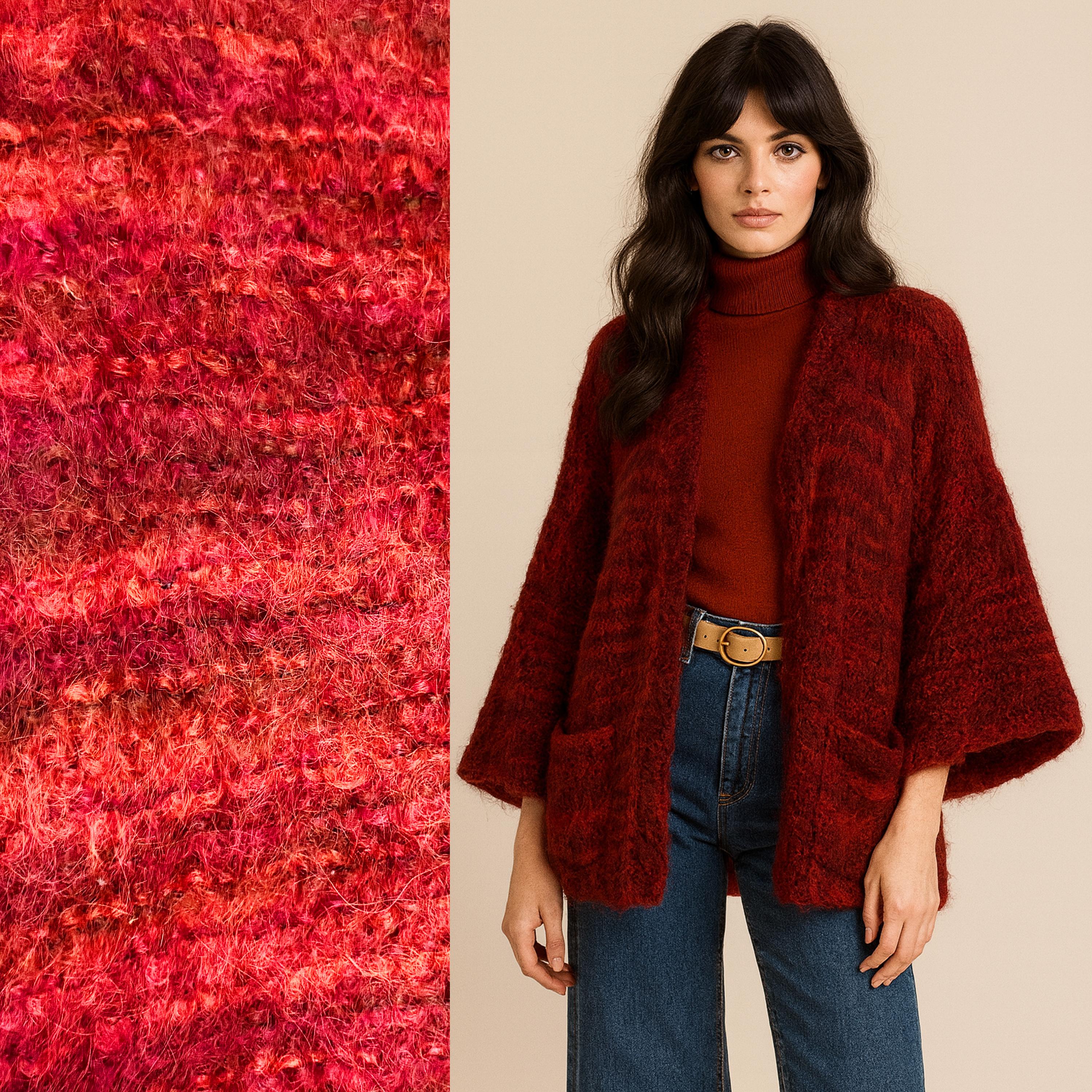 Bonnie Cashin The Knittery 1970s Mohair Ombre Cardigan Hand Knit Kimono Sleeve Rojo en venta