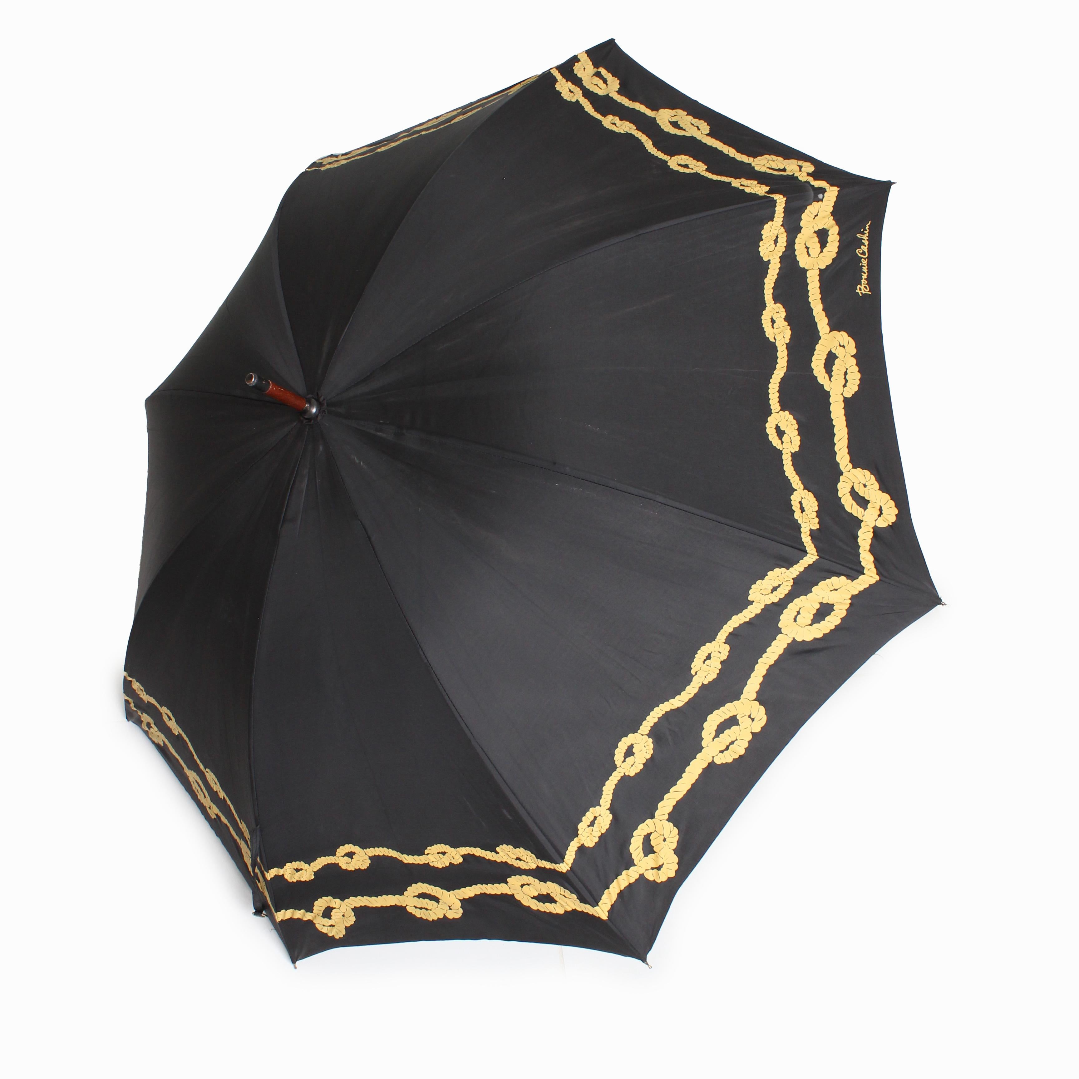 Bonnie Cashin Umbrella Black Gold Rope Print for D.Klein New York RARE Vintage In Good Condition For Sale In Port Saint Lucie, FL