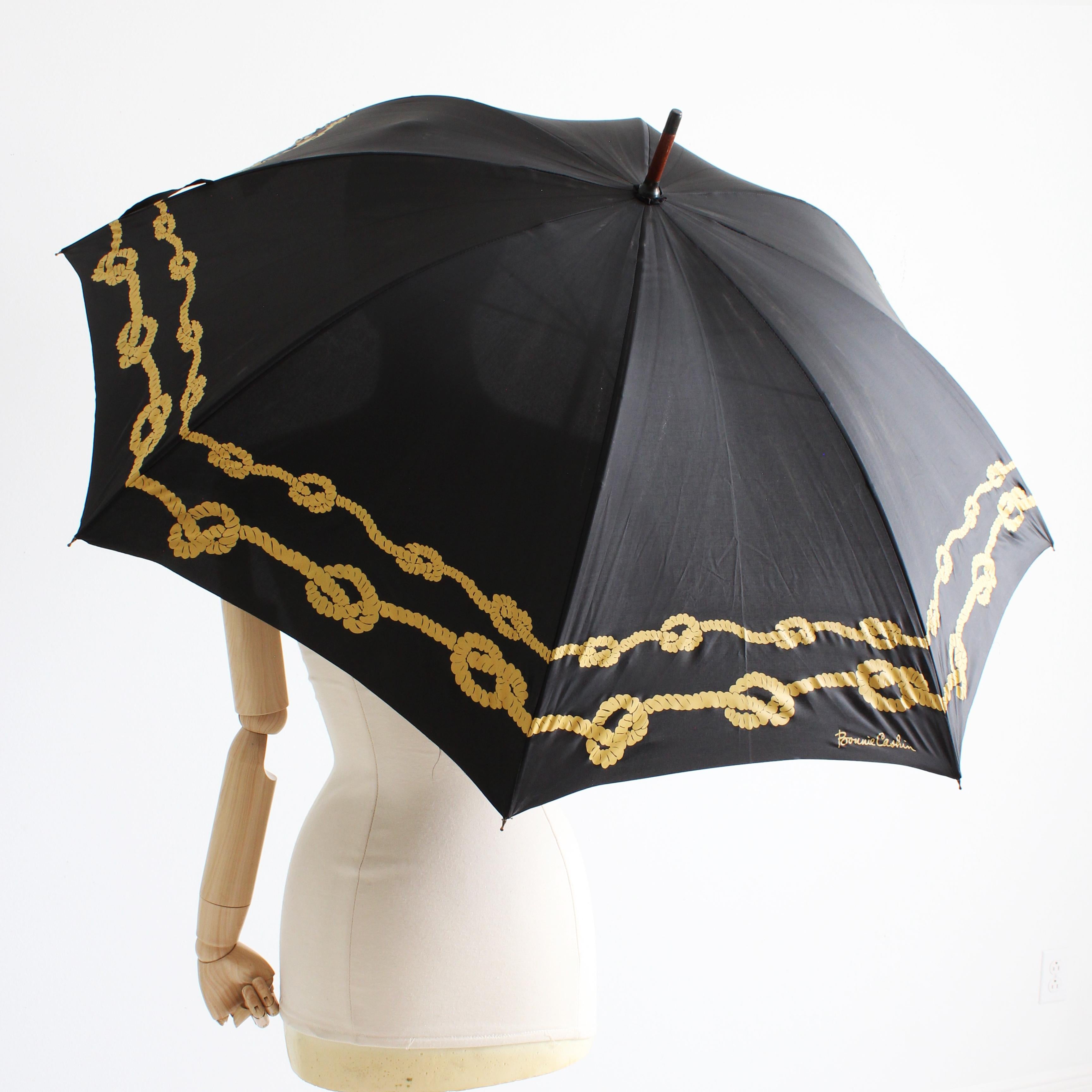 Bonnie Cashin Umbrella Black Gold Rope Print for D.Klein New York RARE Vintage For Sale 1