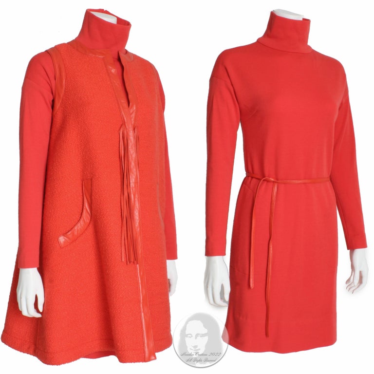 Preowned, vintage Bonnie Cashin for Sills Boucle Wool and Leather Trim Vest with matching wool jersey turtle neck dress with leather belt, likely made in the early 60s. Super chic and mod 3pc set by the mother of American sportswear, Bonnie Cashin!