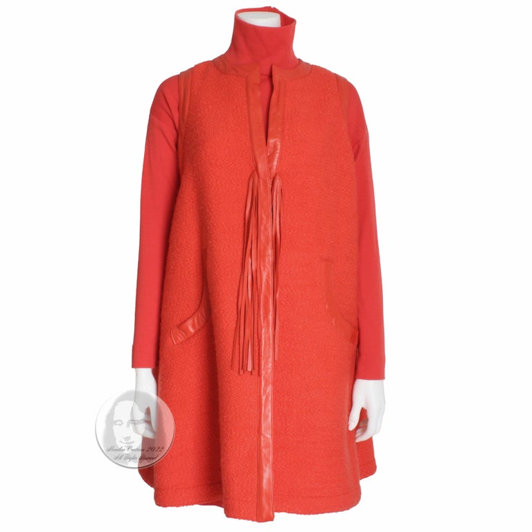 Bonnie Cashin Vest & Dress 2pc Set Red Boucle Knit Leather Trim Fringe 1960s  5