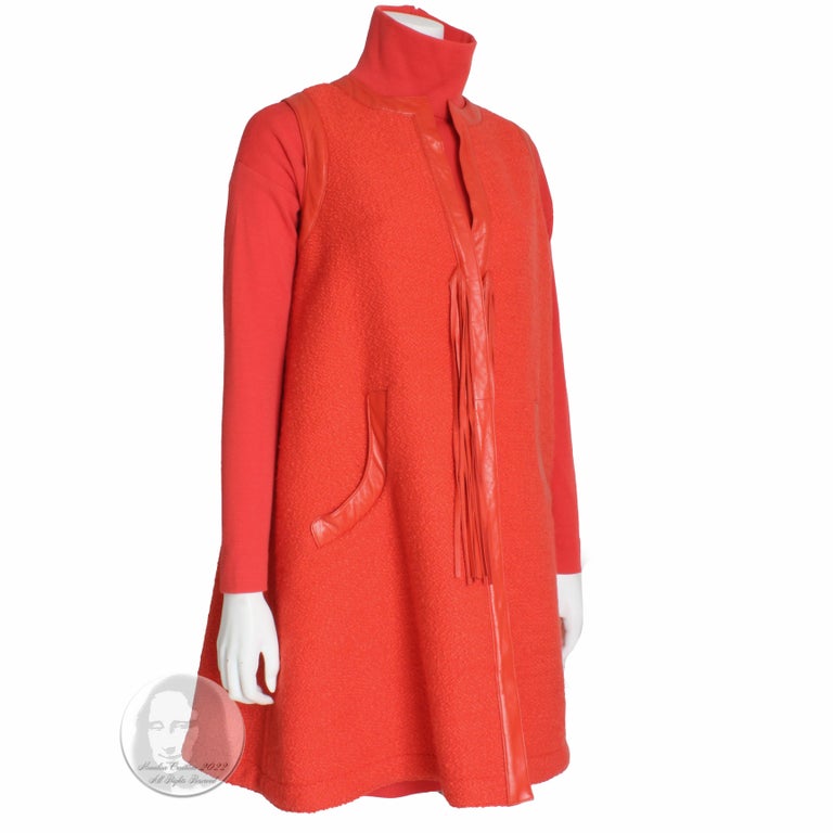 Bonnie Cashin Vest & Dress 2pc Set Red Boucle Knit Leather Trim Fringe 1960s  3