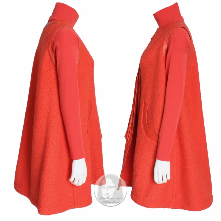 Bonnie Cashin Vest & Dress 2pc Set Red Boucle Knit Leather Trim Fringe 1960s  6