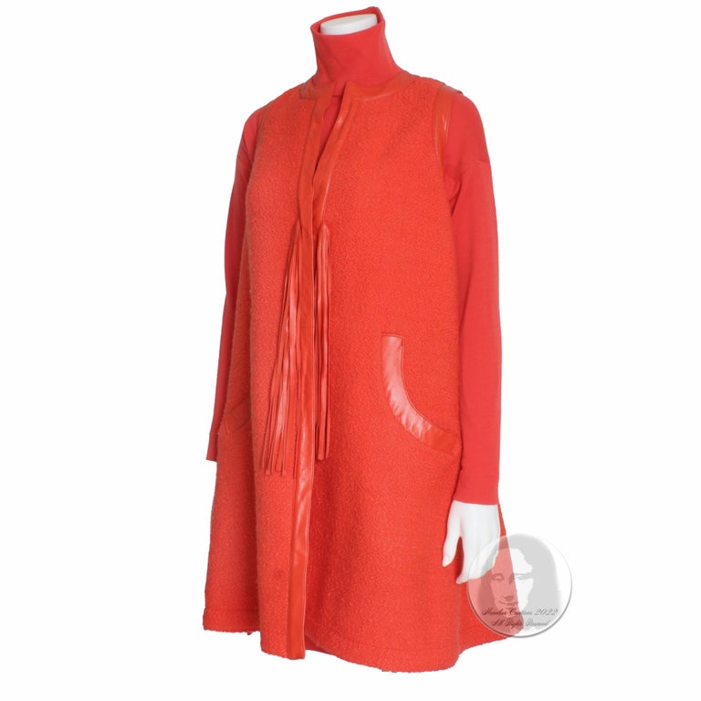 Bonnie Cashin Vest & Dress 2pc Set Red Boucle Knit Leather Trim Fringe 1960s  4