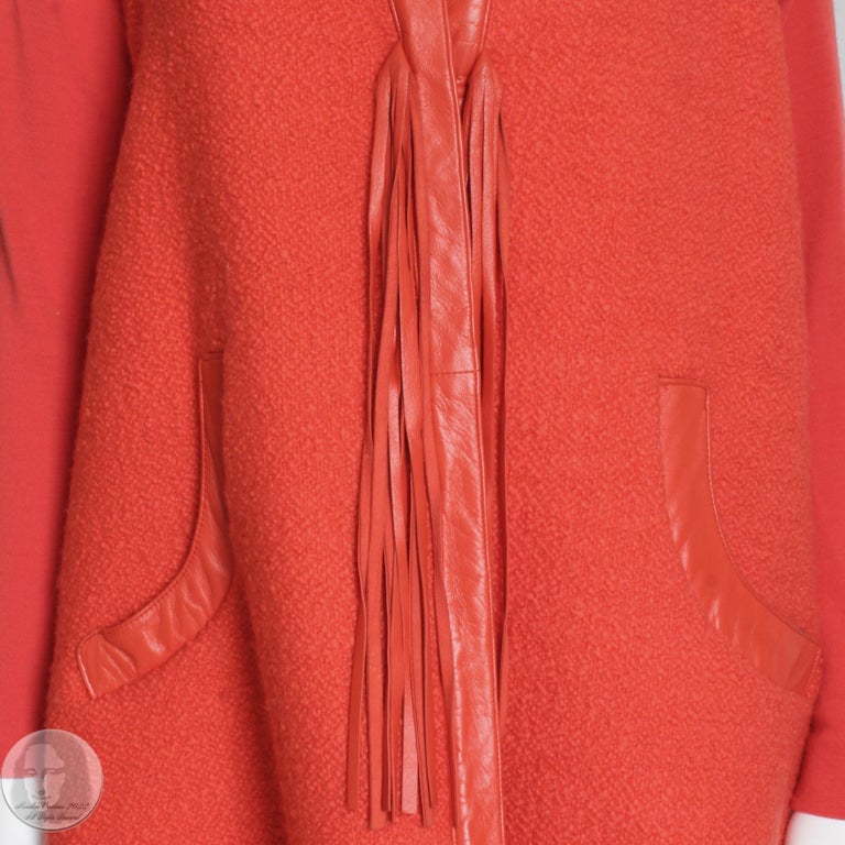 Women's Bonnie Cashin Vest & Dress 2pc Set Red Boucle Knit Leather Trim Fringe 1960s 
