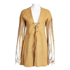 Bonnie Cashin Vestido Túnica de Flecos de Cuero Gamuza Vintage Años 70 Raro
