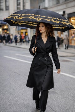 Bonnie Cashin Vintage Black Nylon Umbrella with Gold Motif, 1970s