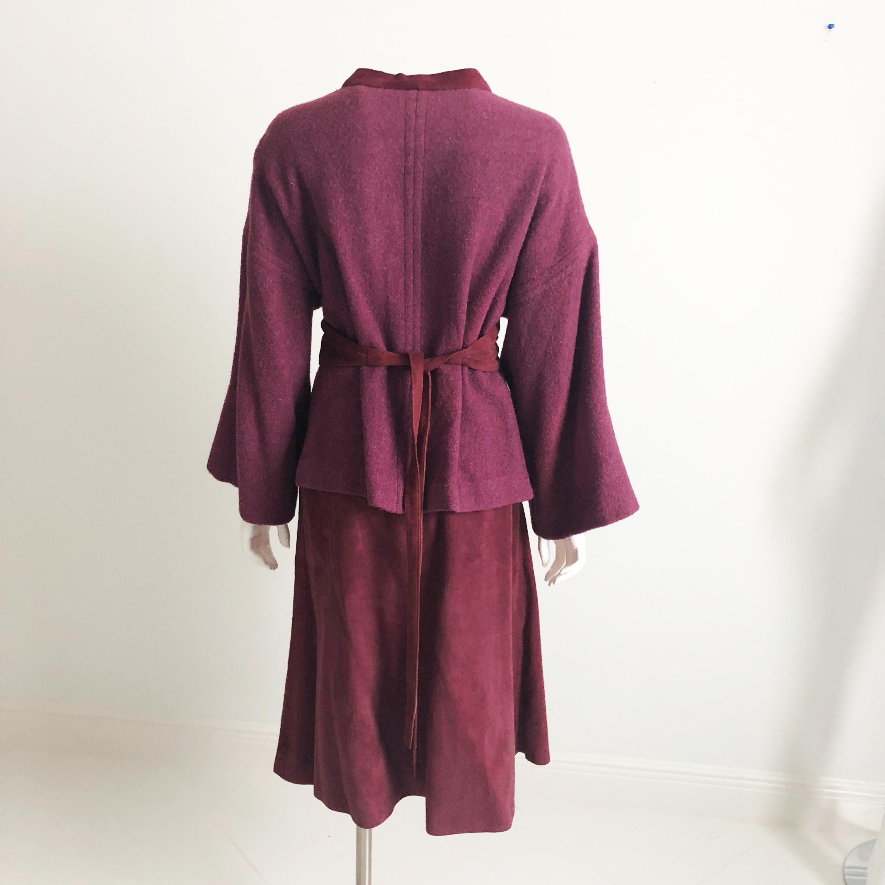 Brown Bonnie Cashin Wool & Suede Belted Kimono & Skirt 3pc Set Vintage 1960s