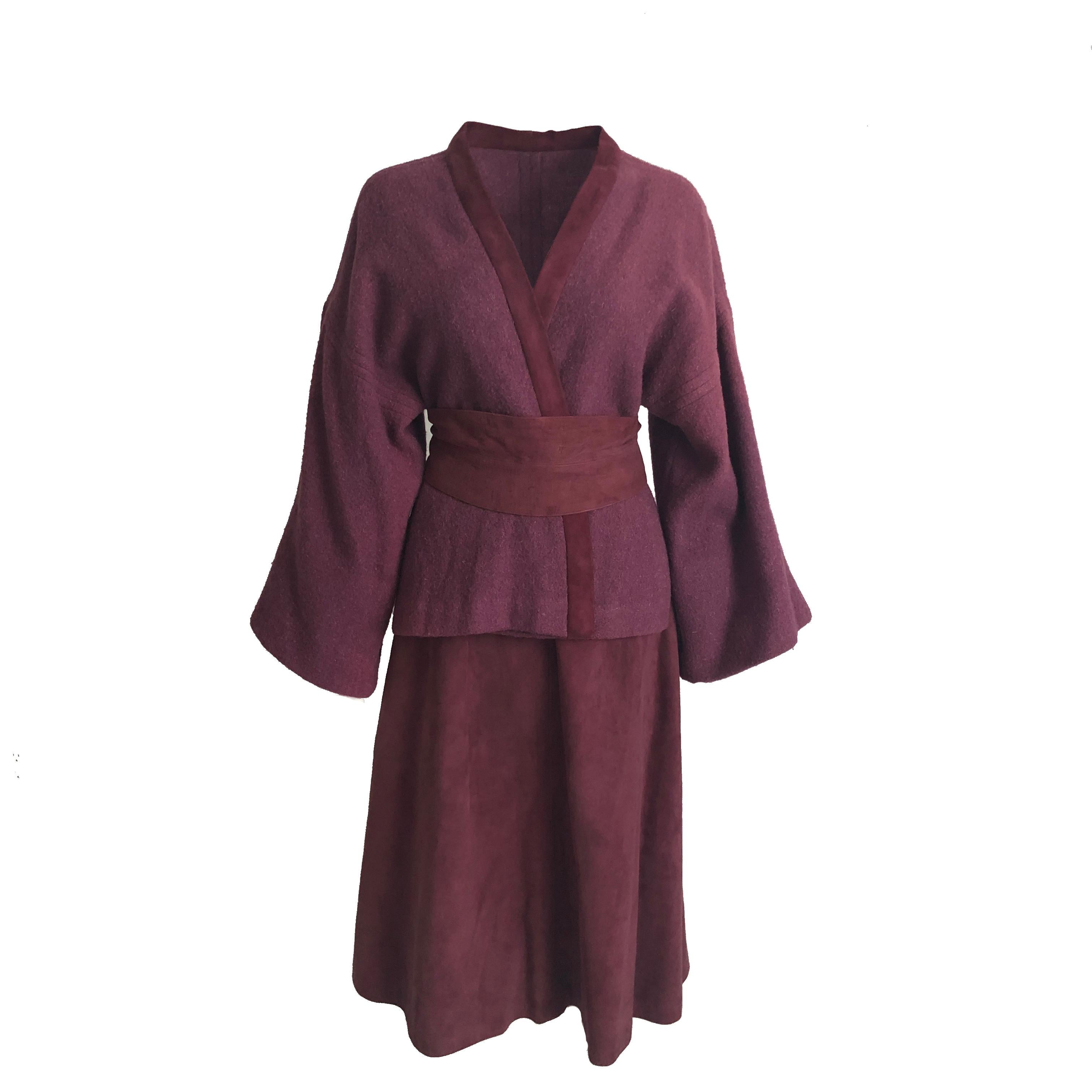 Bonnie Cashin Wool & Suede Belted Kimono & Skirt 3pc Set Vintage 1960s 1