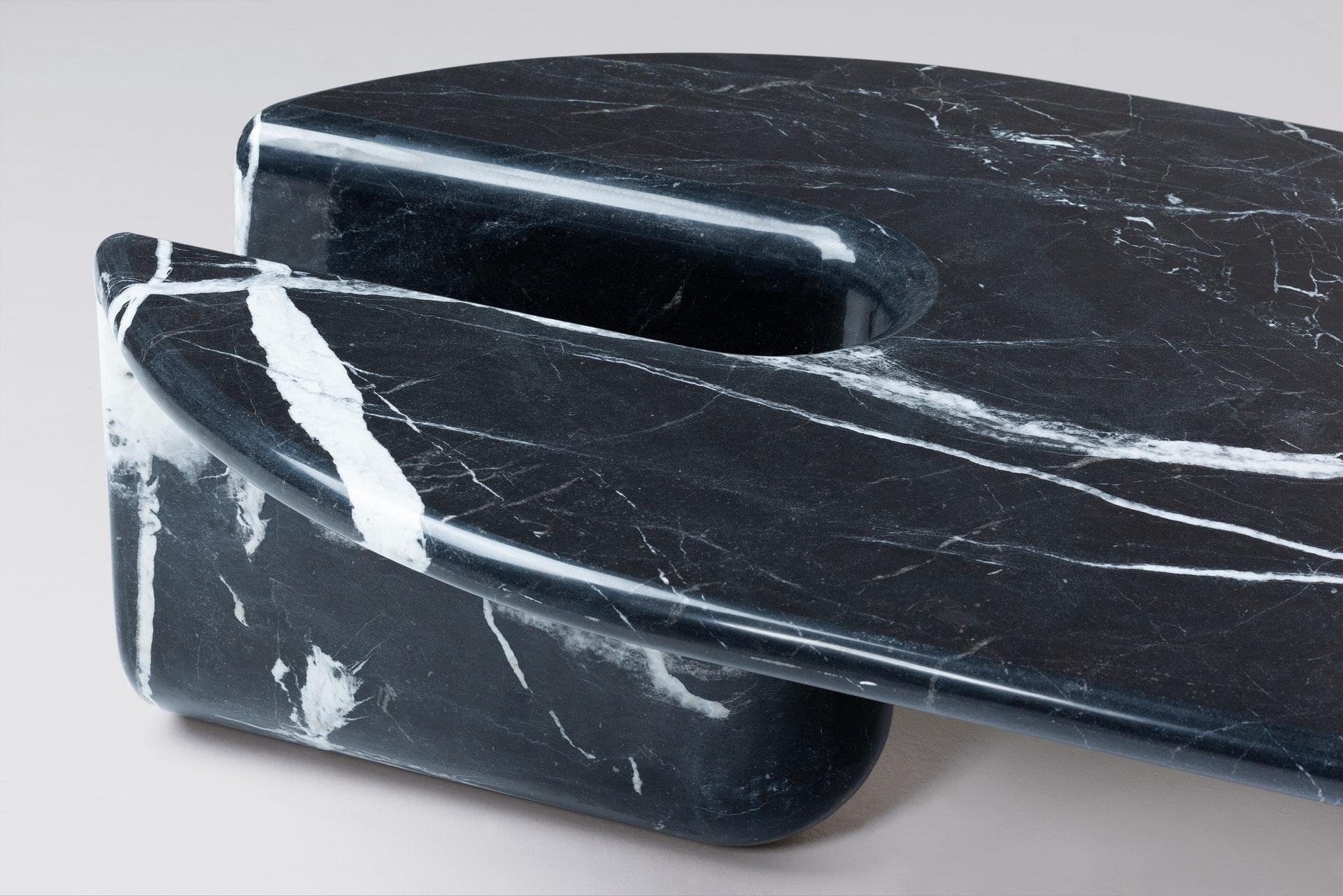 Bauhaus DOOQ Coffee or Center Table Carved from Solid Nero Marquina Marble Bonnie& Clyde For Sale
