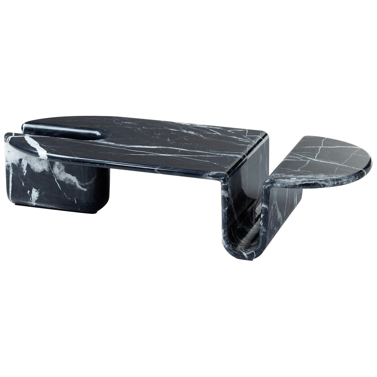 DOOQ Coffee or Center Table Carved from Solid Nero Marquina Marble Bonnie& Clyde