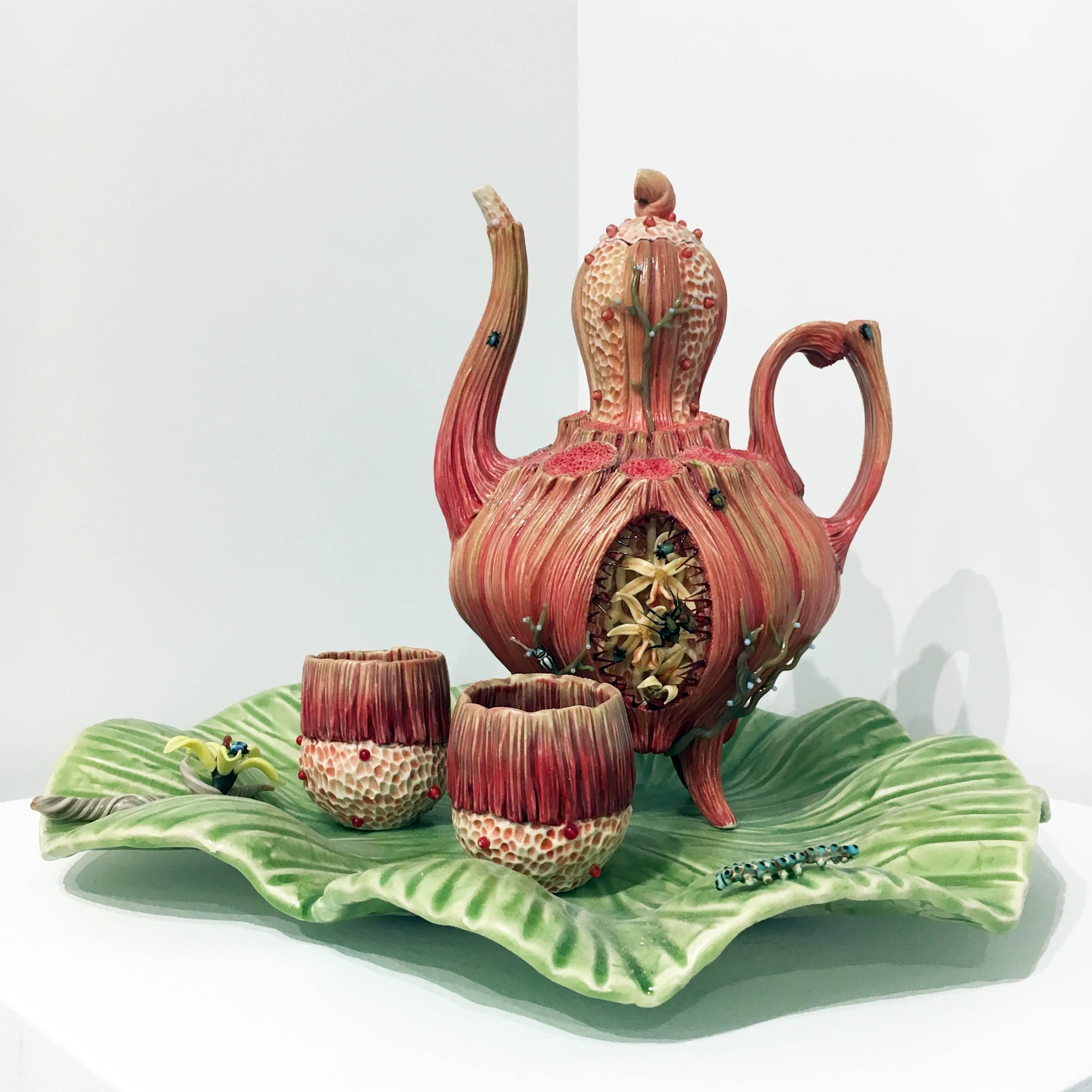 Surrealist Porcelain Teapot and Cup Set with Tray, Ceramic and Glass Accents - Sculpture by Bonnie Seeman