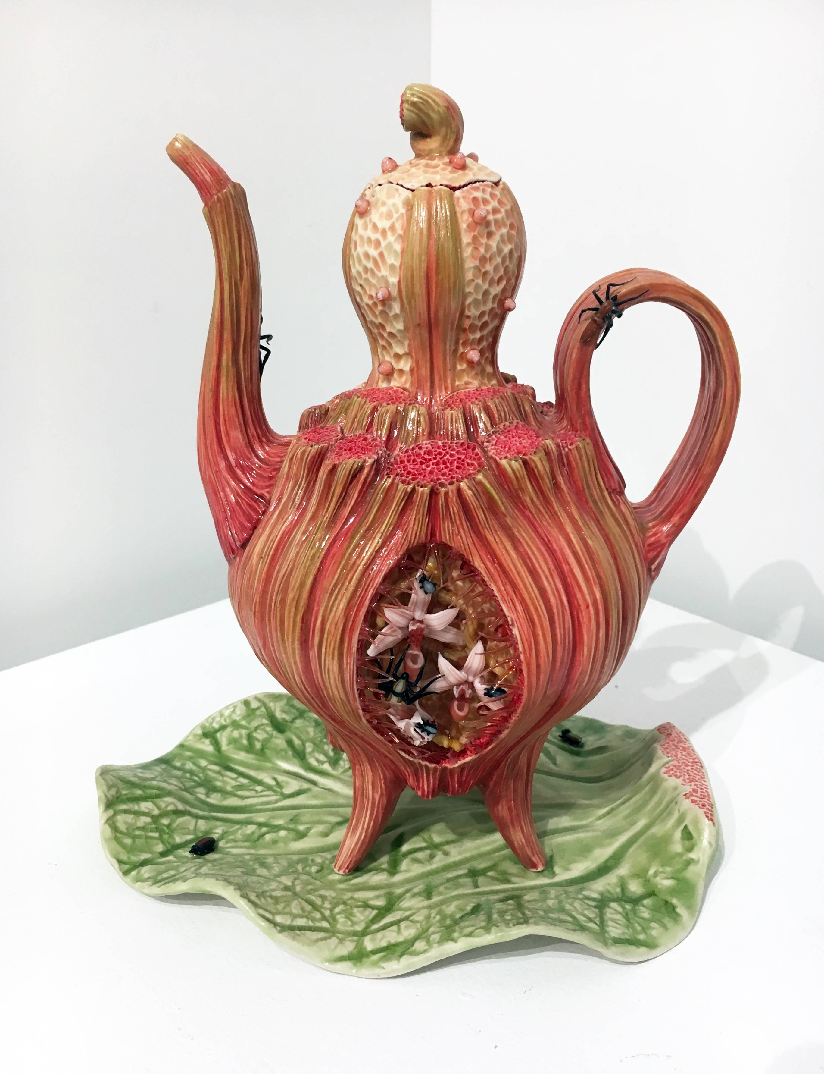 Bonnie Seeman Abstract Sculpture - Contemporary Ceramic Porcelain Teapot Sculpture with Glass Accents