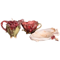 Bonnie Seeman Signed Surrealist Porcelain Ceramic Teapot and Cup Set with Tray