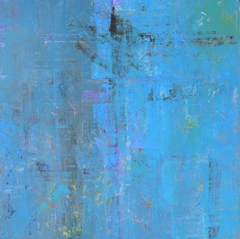 Bonnie Star Abstract Painting - Abstract layered blue square painting, hints of yellow, large format