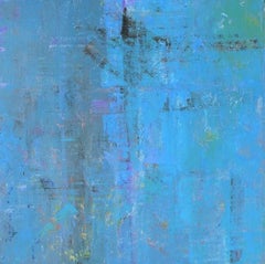Abstract layered blue square painting, hints of yellow, large format