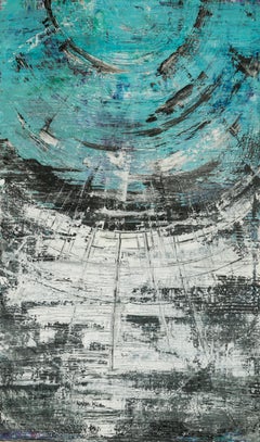 Soul Meets Sky, abstract vertical painting blue and grey