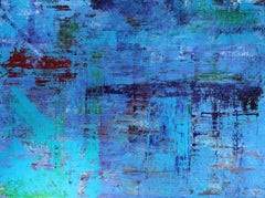 Abstract layered blue rectangular painting , hints of yellow, Still Night