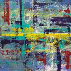 Understanding Nature, abstract layered blue square painting with red and yellow