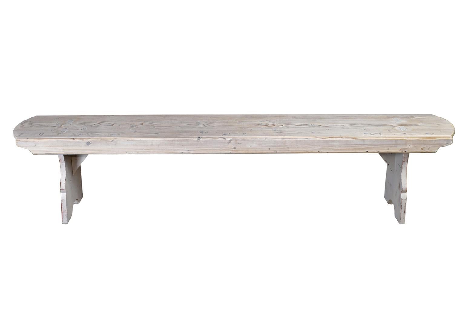 Shown in repurposed pine with a limed white chalk finish, this Bonnin Ashley custom made bench can be ordered in other woods and with a variety of finishes. Handcrafted in our workshop using mortise-and-tenon joinery followed by a hand-applied