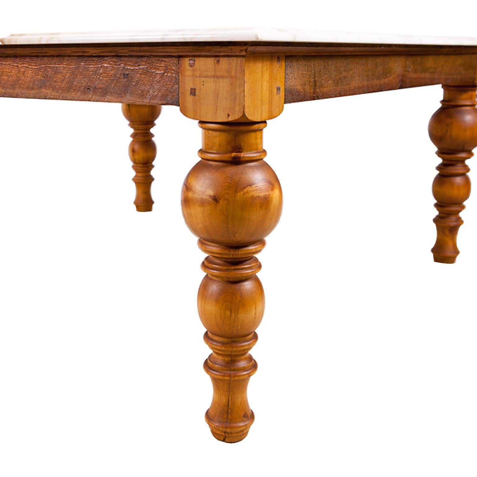 Country Bonnin Ashley Custom-Made Pine Dining Table Base with Calacatta Gold Marble Top For Sale