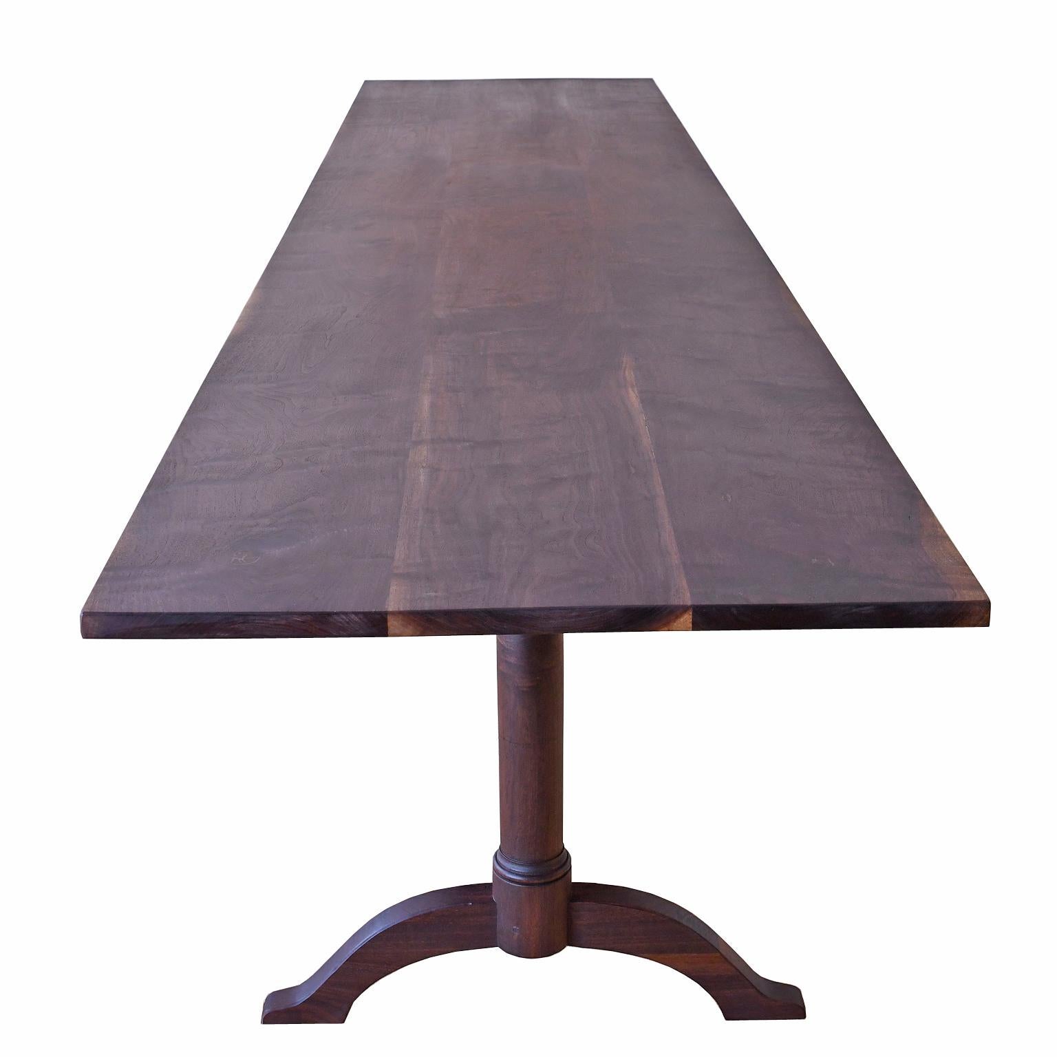This table as shown is available for immediate delivery or ask us to quote a custom size
A Hancock Village-inspired (Shaker), Bonnin Ashley custom-made dining table or sideboard in American black walnut with a fumed patina finish sealed with a LEED