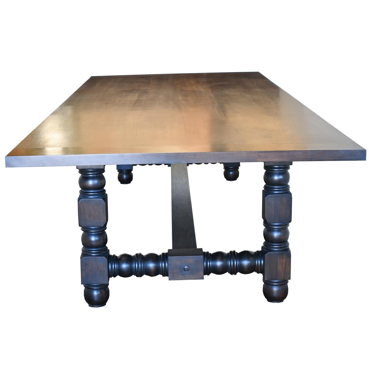 Contemporary Bonnin Ashley Custom-Made Walnut Dining Table w/ Trestle Base & Extension Leaves For Sale