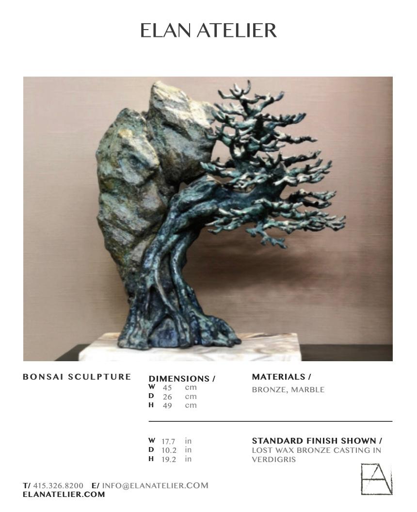 Bonsai Cast Bronze Sculpture in Verdigris Finish on Marble Base by Elan Atelier

Intricate lost wax cast bronze sculpture of a Bonsai Tree in Verdigris bronze on marble base by Elan Atelier. The base is available in black or white marble and custom