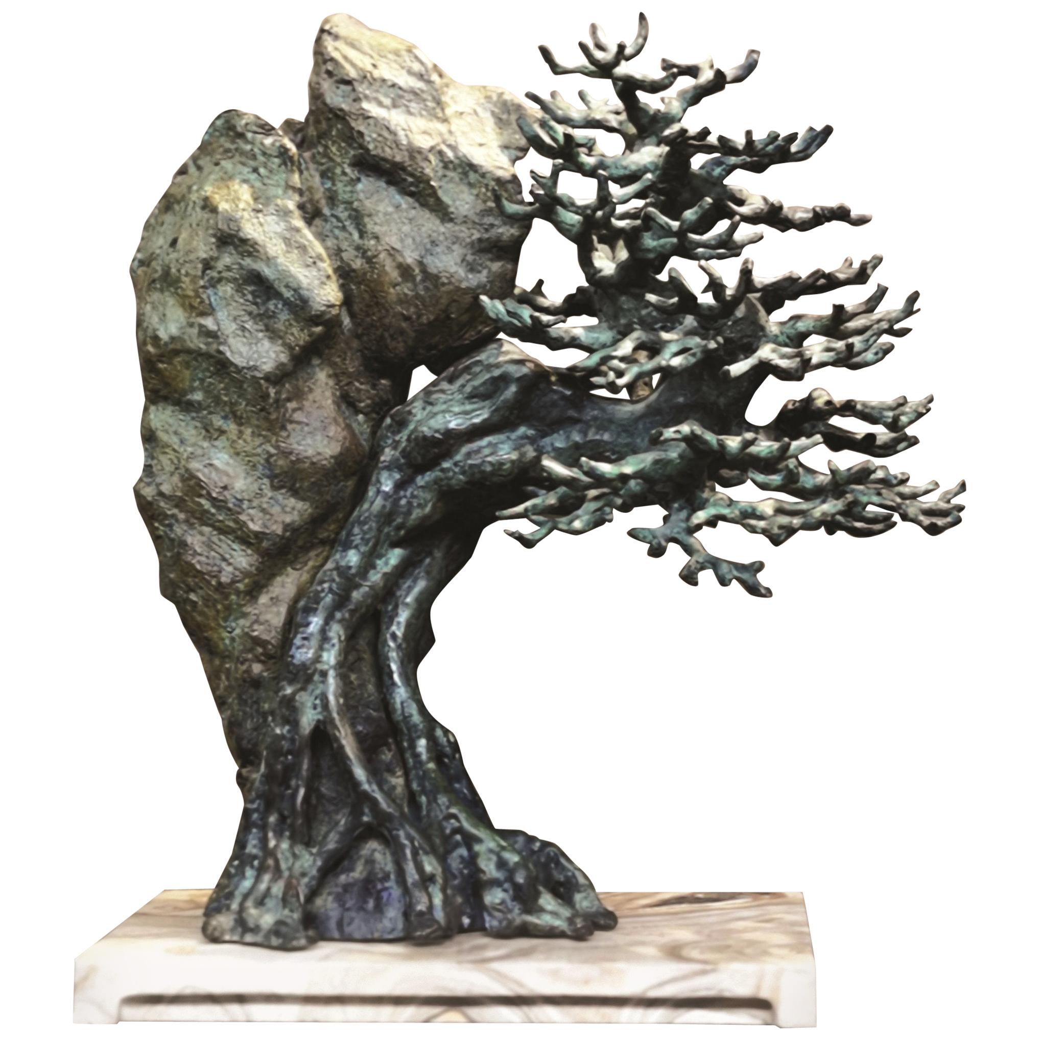 Bonsai Cast Bronze Sculpture in Verdigris Finish on Marble Base by Elan Atelier For Sale