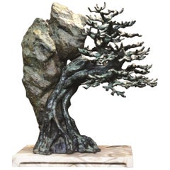 Sculpture de Bonsai en bronze coulé avec finition vert-de-gris sur socle en marbre par Elan Atelier