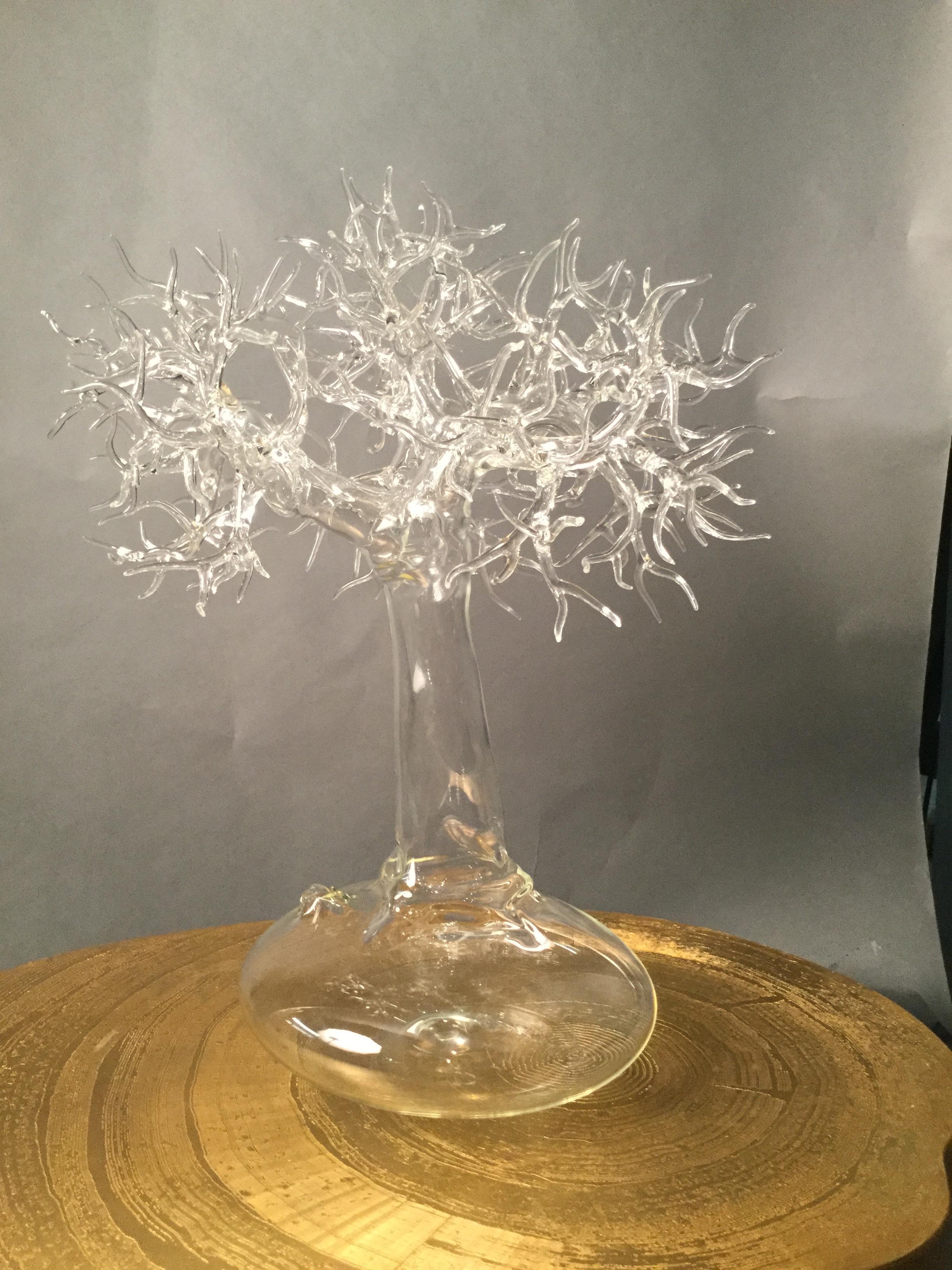 Fire-worked borosilicate glass in the form of a miniature tree set atop a bulbous base. Signed and dated on the trunk: Simone Crestani 2017.