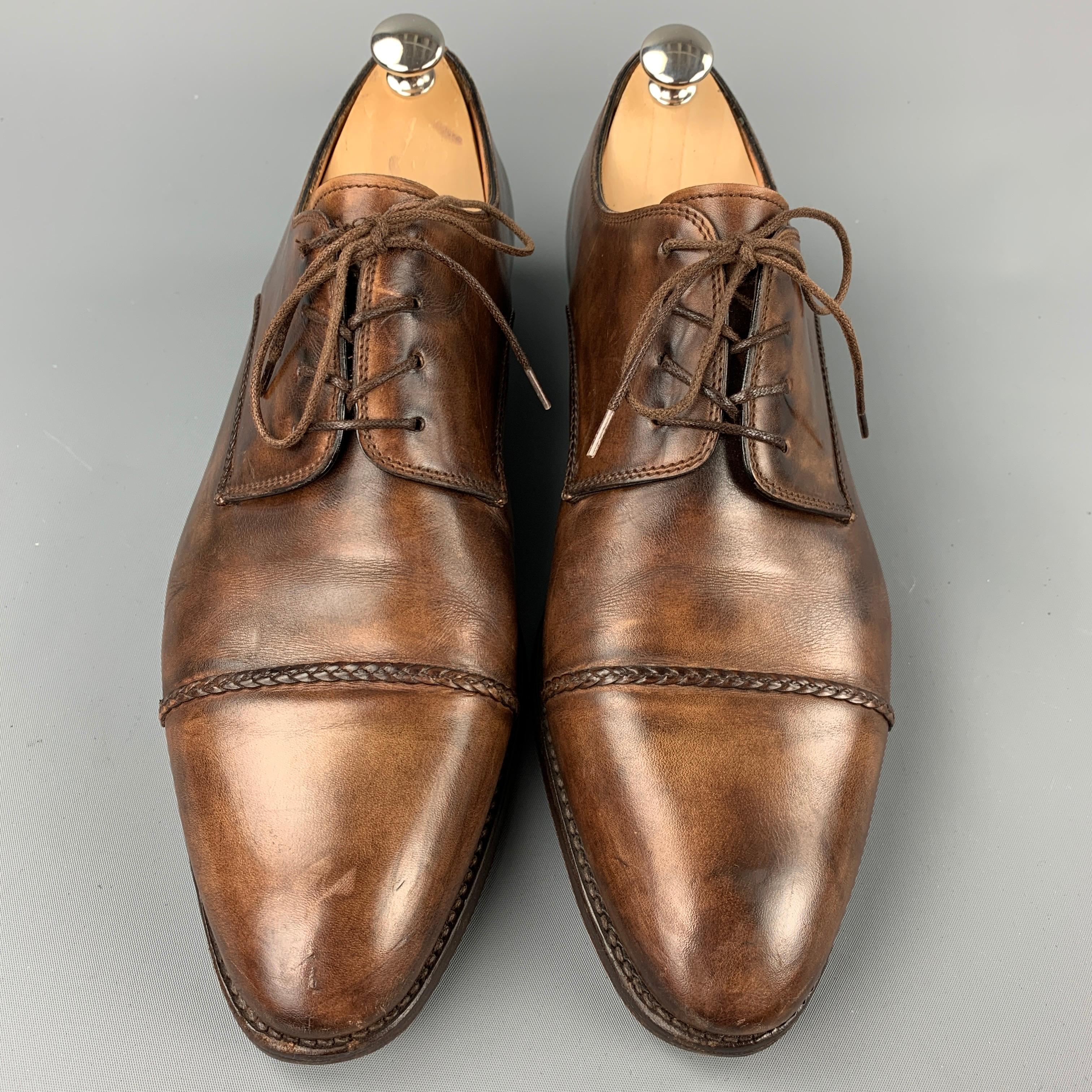 BONTONI Size 10 Brown Burnished Leather Cap Toe Lace Up Shoes In Good Condition In San Francisco, CA