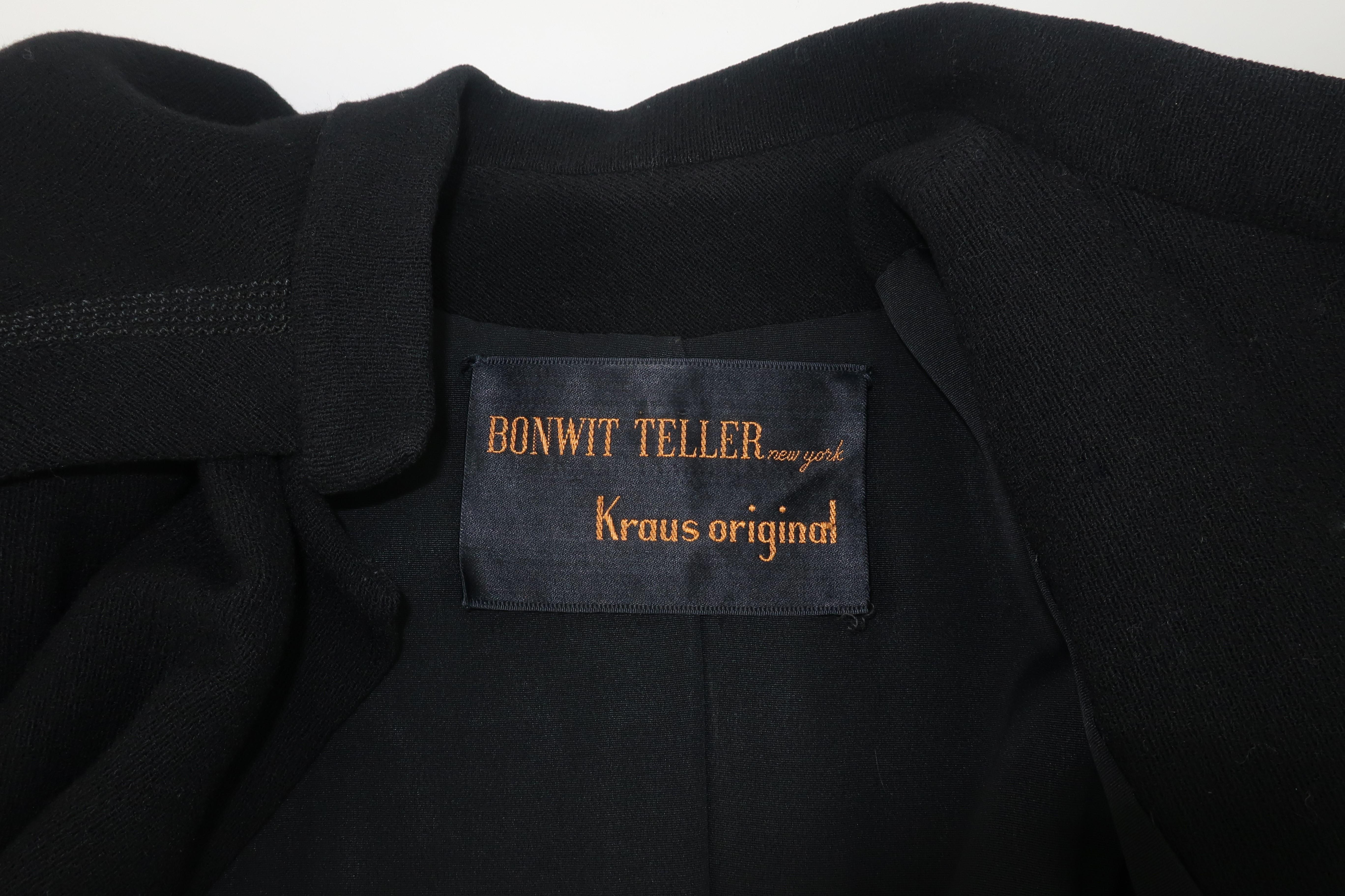 Bonwit Teller Black Capelet Coat With Lucite Buttons, 1940's 5