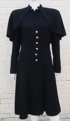 Bonwit Teller Black Capelet Coat With Lucite Buttons, 1940's