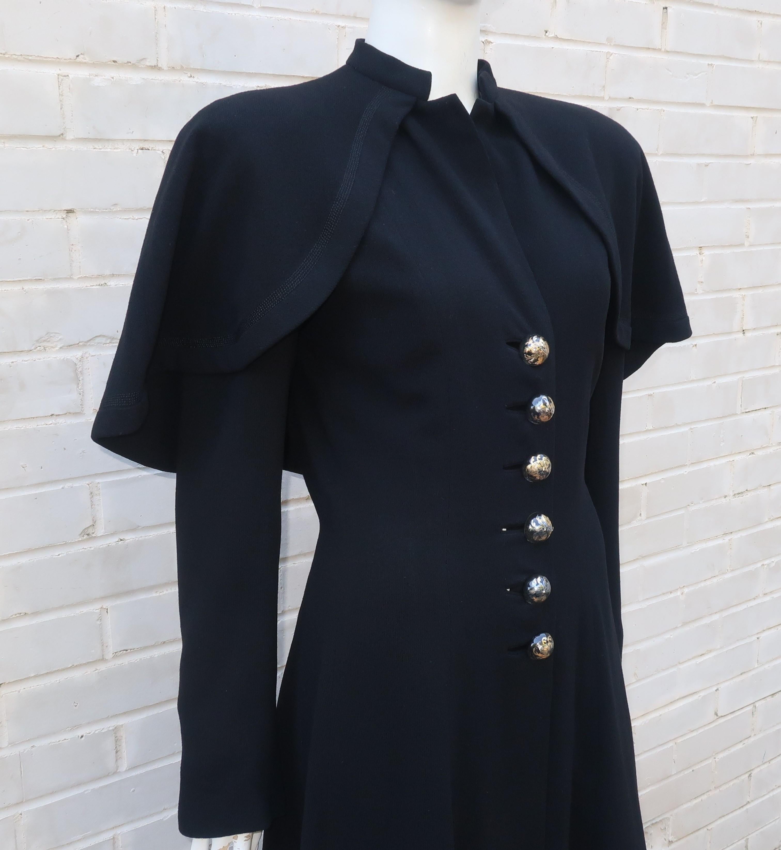 Bonwit Teller Black Capelet Coat With Lucite Buttons, 1940's In Good Condition In Atlanta, GA